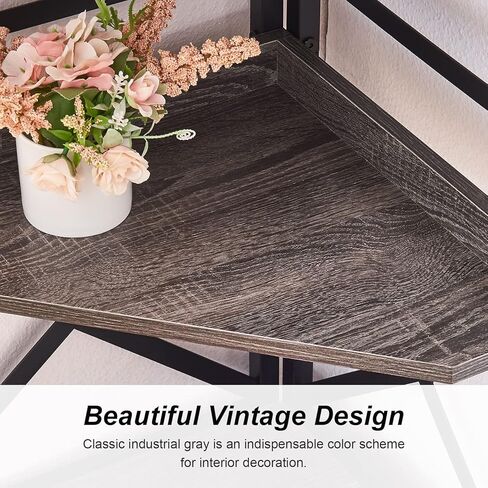 HOMBAZAAR رف زاوية 5 طبقات مع تخزين، رف كتب زاوية صناعية مع لوح قابل للتعديل، عرض ريفي لحامل رف الزاوية لغرفة المعيشة، المكتب المنزلي، غرفة النوم، مساحة صغيرة، رمادي in Kuwait