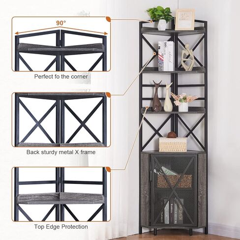 HOMBAZAAR رف زاوية 5 طبقات مع تخزين، رف كتب زاوية صناعية مع لوح قابل للتعديل، عرض ريفي لحامل رف الزاوية لغرفة المعيشة، المكتب المنزلي، غرفة النوم، مساحة صغيرة، رمادي in Kuwait