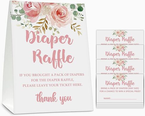 Diaper Raffle Baby Shower Game Set(1 Standing Sign + 50 Guessing Cards), Floral Greenery Diaper Raffle Tickets for Baby Shower, Blush Pink Baby Shower Party Favor Decor - A07 in Saudi Arabia