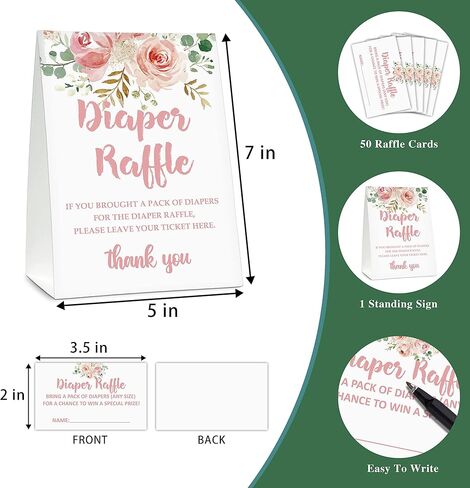 Diaper Raffle Baby Shower Game Set(1 Standing Sign + 50 Guessing Cards), Floral Greenery Diaper Raffle Tickets for Baby Shower, Blush Pink Baby Shower Party Favor Decor - A07 in Saudi Arabia