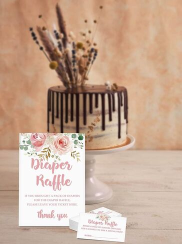 Diaper Raffle Baby Shower Game Set(1 Standing Sign + 50 Guessing Cards), Floral Greenery Diaper Raffle Tickets for Baby Shower, Blush Pink Baby Shower Party Favor Decor - A07 in Saudi Arabia