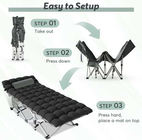 سرير تخييم قابل للطي مع مرتبة للبالغين، مقاس 74 بوصة طول × 28 بوصة عرض × 15 بوصة ارتفاع، سرير تخييم مع وسادة، حقيبة تخزين، سرير سرير للنوم للخيمة، المكتب، الخارج، سرير رمادي مخطط، وسادة رمادية + سوداء، 500 رطل حمولة in Kuwait