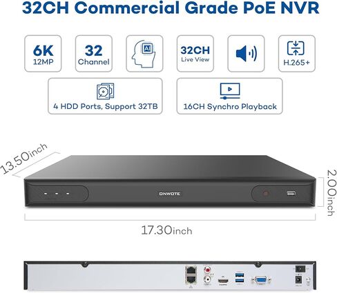 مسجل صوت فيديو ONWOTE 12MP 32 قناة NVR IP Security، مدخل 32CH 12MP/ 8MP/ 6MP/ 5MP، 32CH NVR، 4 فتحات تخزين تدعم 32 تيرابايت، تشغيل متزامن 16CH، يعمل مع مفتاح PoE القياسي in Kuwait