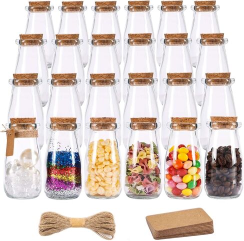 24 قطعة من برطمانات الزجاج سعة 100 مل، زجاجات زجاجية صغيرة سعة 100 مل مع أغطية فلين، زجاجات صغيرة لجرعات حليب صغيرة، برطمانات لطيفة للحفلات هدايا الزفاف مع 30 قطعة علامات لاصقة وشريط خيش 20 متر in Kuwait