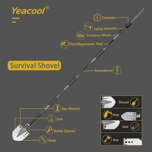 مجرفة تخييم من ياكول، مجرفة قابلة للطي (101.6 سم)، مجراف قابل للطي للبقاء من النسيج السلكي، أدوات متعددة من الدرجة العسكرية لكشف المعادن والطوارئ والطرق الخارجية in Kuwait