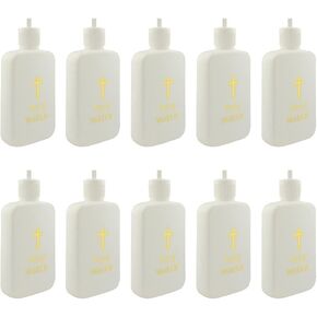 VILLAGE GIFT IMPORTERS Refillable Holy Water Bottles | White with Gold-Tone Cross and Lettering | Church Supplies | Portable for Home and Travel 4OZ.