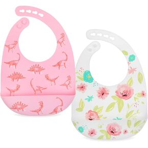 Nuby 2 Pack Adjustable Easy Clean Soft Silicone Bibs with Scoop, Pink Dinosaurs & Flowers in Kuwait