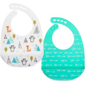 Nuby 2 Pack Adjustable Easy Clean Soft Silicone Bibs with Scoop, Arrows & Bears/Foxes