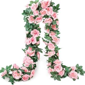 SWSTINLING 2 Pack (16FT) Artificial Rose Vine Flowers Plants Pink Fake Flower Vine for Wedding Home Party Garden Craft Art Decor Pink