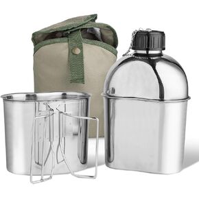 Afranti Stainless Steel Military Canteen 1QT Portable Army Water Bottle with 0.5QT Cup & Nylon Cover Waist Belt Sleeves for Hiking Camping Climbing and Most Outdoor Activities