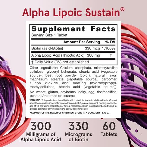 Jarrow Formulas Alpha Lipoic Sustain 300 mg - Antioxidant + Biotin - Glucose Metabolism & Energy Production Support - Releases ALA Over Longer Period - Up to 60 Servings in Kuwait