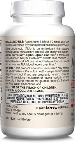 Jarrow Formulas Alpha Lipoic Sustain 300 mg - Antioxidant + Biotin - Glucose Metabolism & Energy Production Support - Releases ALA Over Longer Period - Up to 60 Servings in Kuwait