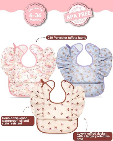 Lictin 3 x Baby Bibs, Baby Apron for Eating, Waterproof Baby Bib with Adjustable, Machine Washable and BPA Free Plastic Baby Bib, Suitable for Boys and Girls from 6 to 36 Months in Kuwait