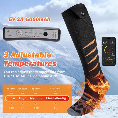 Rechargeable Heated Socks for Men Women, App Control Smart Heating Socks Electric 3D Surround Winter Warming Socks Washable Thick Heat Sock for Outdoor Camping Skiing Fishing Hunting in Kuwait