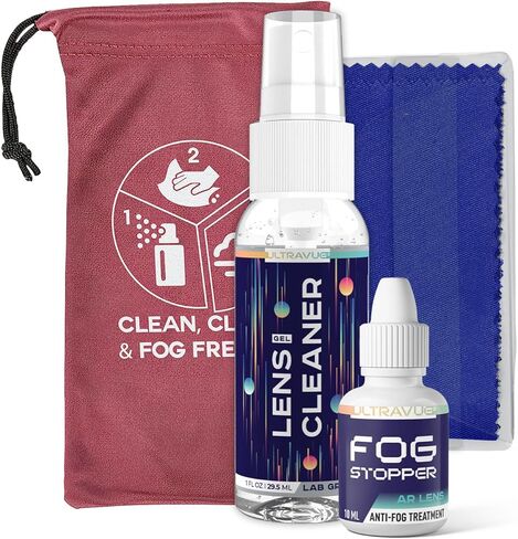 Fog Stopper Eyeglass Cleaner and Fog Free Kit - 1oz UltraVue Gel Lens Cleaner + 10ml Anti Fog Drops Treatment + Microfiber Lens Cleaning Cloth + Drawstring Carrying Bag - Convenient Travel-Size Kit ​ in Kuwait