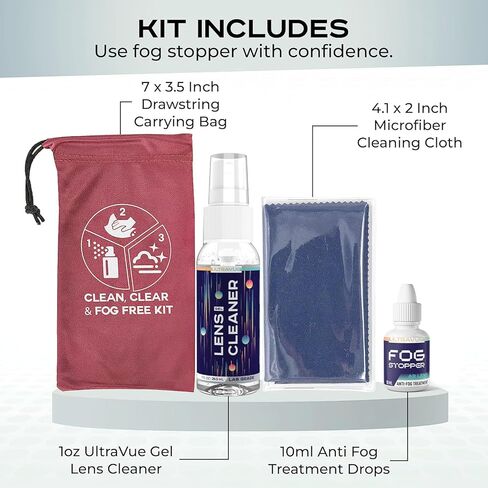 Fog Stopper Eyeglass Cleaner and Fog Free Kit - 1oz UltraVue Gel Lens Cleaner + 10ml Anti Fog Drops Treatment + Microfiber Lens Cleaning Cloth + Drawstring Carrying Bag - Convenient Travel-Size Kit ​ in Kuwait
