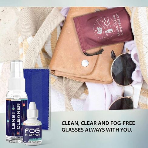Fog Stopper Eyeglass Cleaner and Fog Free Kit - 1oz UltraVue Gel Lens Cleaner + 10ml Anti Fog Drops Treatment + Microfiber Lens Cleaning Cloth + Drawstring Carrying Bag - Convenient Travel-Size Kit ​ in Kuwait