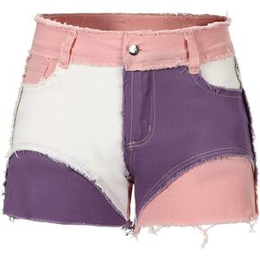 THUNDER STAR Womens Mid Rise Stretchy Patchwork Jeans Shorts Raw Frayed Hem Casual Denim Shorts