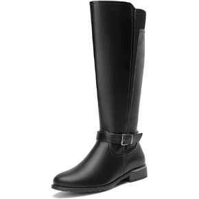ALLOT Women's Chunky Low Heel Knee High Boots Side Zip Buckle Strap Fashion Riding Boots Round Toe Comfortable Warm Winter Boots