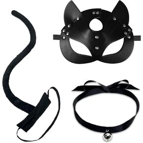 Erythem Woman Cat Mask and Tail Bow Bell Collar Costume Accessories Set, Black Cat Mask Tail Halloween Cute Animal Cosplay Kit for Adults in Kuwait