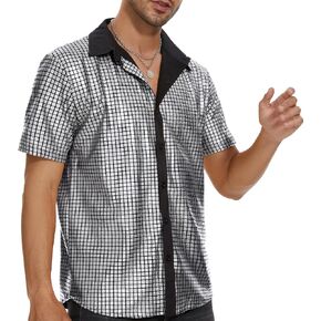 Durio Disco Shirt Men, 70s Outfits for Men Sequins Short Sleeve Button Down Disco Costume