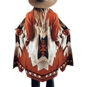 Jawint Women Vintage Tribal Knitted Cardigan Sweater Coat Western Casual Open Front Outwear with Pocket