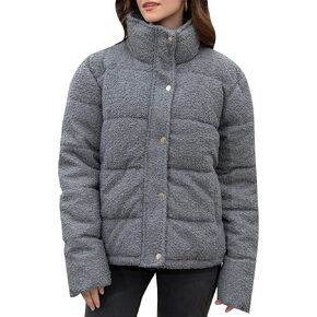 CRISSREXO Women's Fleece Puffer Jacket Long Sleeve Casual Winter Warm Zip Up Sherpa Short Coat
