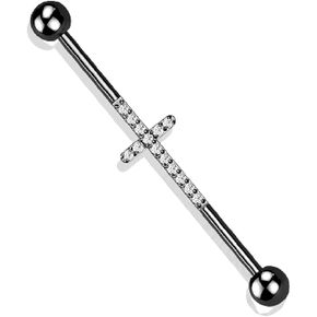 Pierced Owl - 14GA CNC Set Lined CZ Cross F-136 Implant Grade Titanium Industrial Cartilage Barbell