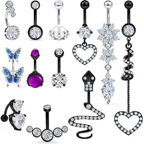 Vsnnsns 14G Belly Button Rings Belly Rings for Women Stainless Steel CZ Belly Button Piercing Jewelry Belly Bars Snake Reverse Curved Navel Ring Barbell Body Jewelry Piercing for Women Men 12Pcs