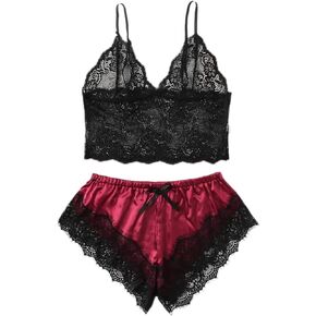 SOLY HUX Women's Plus Size Lingerie Set Spaghetti Strap Lace Trim Bralette and Shorts Sleepwear Pajama Set