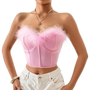 jascaela Women's Sexy Sleeveless Fuzzy Trim Bustier Cami Tube Top Faux Fur Tank Tops Corset Top Rave Festival Outfits
