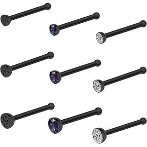 Pierstyles 20G Nose Rings Studs Black 316L Surgical Steel 2mm 2.5mm 3mm Round CZ Nose Ring for Women Men L Shaped Nose Bone Nose Screw Ring Set Nostril Piercing Jewelry
