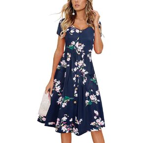 VOTEPRETTY Women's Short Sleeve V Neck Sundress Summer Casual Button Floral Dress with Pockets