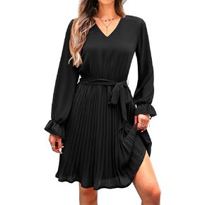 PRETTYGARDEN Women's Casual Fall Dresses Long Puff Sleeve V Neck Pleated Ruffle Flowy Belted Dress in Saudi Arabia