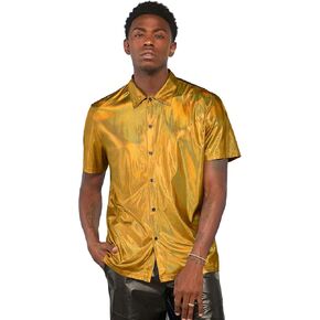 WDIRARA Men's Disco Metallic Shirt Short Sleeve Button Up Holographic Party Shirt Top
