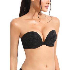 Strapless Push Up Plunge Bra Convertible with Clear Straps Heavily Padded Add 2 Cup Low Cut Lace Underwire Bras