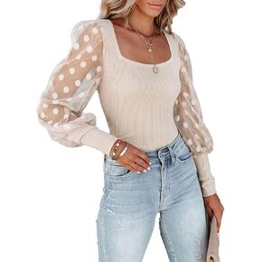 miduo Womens Tops Square Neck Polka Dot Balloon Long Sleeve Top Shirts Slim Knit Ribbed Tops Blouses in Kuwait