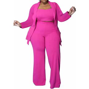 IyMoo Women's Plus Size 3 Piece Sets Outfit Tracksuit Crop Top Blazer Jacket and Wide Leg Long Pants Jumpsuit Romper Suits
