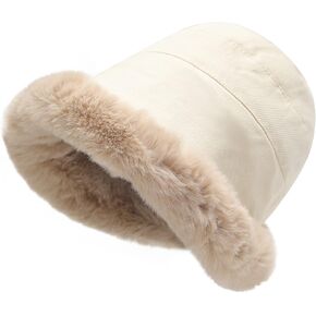 ZLYC Women Winter Furry Bucket Hat Rolled Brim Faux Fur Cloche Hat with Fleece Lining