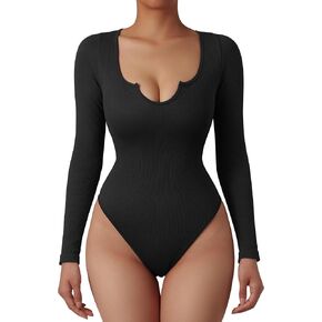 SUUKSESS Women Ribbed Seamless Long Sleeve Bodysuit Square Scoop Notch Neck Bodysuit