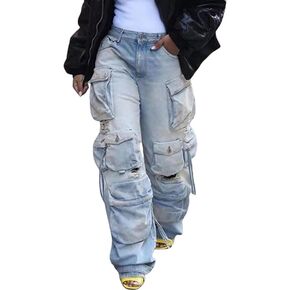 Vaceky Cargo Jeans Women High Waisted Straight Leg Baggy Y2K Denim Fall Winter Pants with Pockets Streetwear