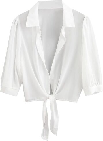 ZAFUL Women's Bikini Swimwear Cover Up Semi-Sheer V Neck Button Up Top Shirt Blouse Beachwear in Kuwait