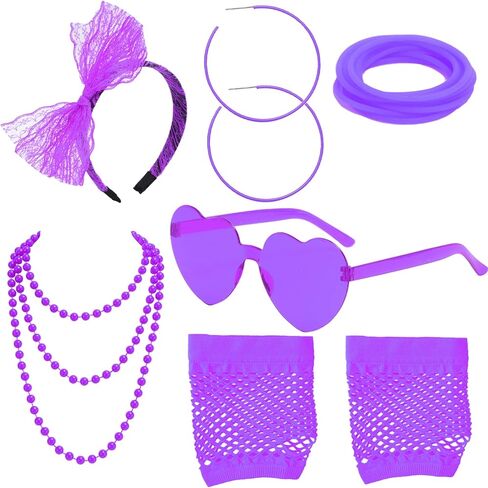 SAMOCO 80s طقم ملابس إكسسوارات للنساء النيون الدانتيل عقال أقراط شبكة صيد السمك قفازات قلادة سوار لحفلة 80 in Kuwait