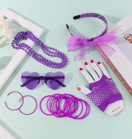 SAMOCO 80s طقم ملابس إكسسوارات للنساء النيون الدانتيل عقال أقراط شبكة صيد السمك قفازات قلادة سوار لحفلة 80 in Kuwait