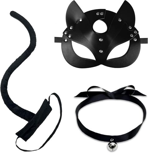 Erythem Woman Cat Mask and Tail Bow Bell Collar Costume Accessories Set, Black Cat Mask Tail Halloween Cute Animal Cosplay Kit for Adults in Kuwait
