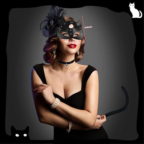 Erythem Woman Cat Mask and Tail Bow Bell Collar Costume Accessories Set, Black Cat Mask Tail Halloween Cute Animal Cosplay Kit for Adults in Kuwait