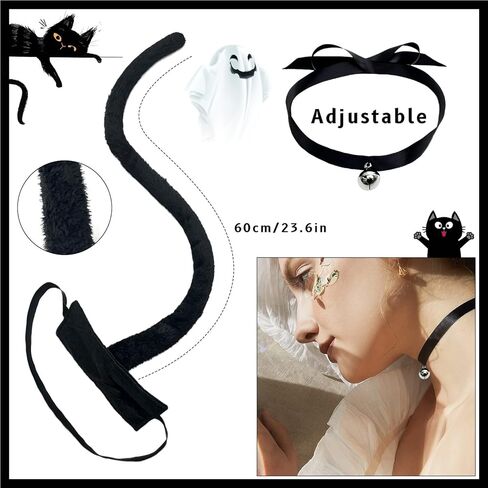 Erythem Woman Cat Mask and Tail Bow Bell Collar Costume Accessories Set, Black Cat Mask Tail Halloween Cute Animal Cosplay Kit for Adults in Kuwait