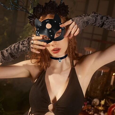 Erythem Woman Cat Mask and Tail Bow Bell Collar Costume Accessories Set, Black Cat Mask Tail Halloween Cute Animal Cosplay Kit for Adults in Kuwait