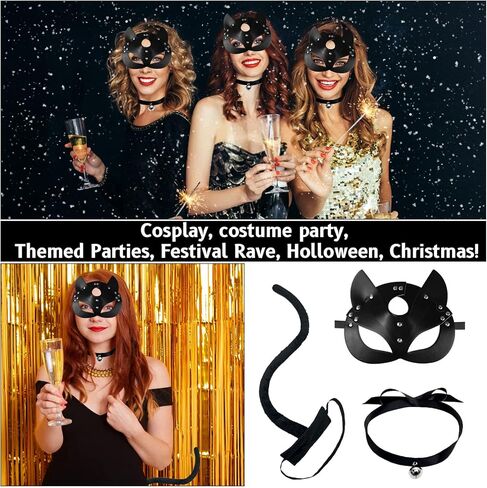 Erythem Woman Cat Mask and Tail Bow Bell Collar Costume Accessories Set, Black Cat Mask Tail Halloween Cute Animal Cosplay Kit for Adults in Kuwait