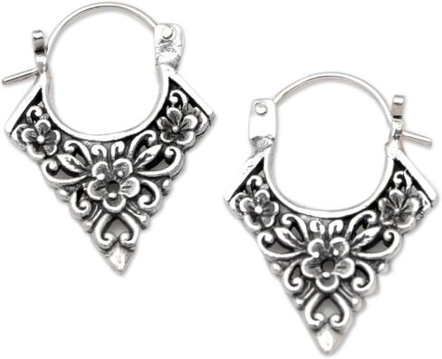 NOVICA Artisan Handmade .925 Sterling Silver Hoop Earrings Floral Pointed from Bali Indonesia 'Floral Points' in Saudi Arabia